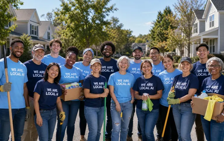A large diverse group of smiling community volunteers wearing WE ARE LOCAL AI shirts, standing together in a neighborhood and ready to help local residents.